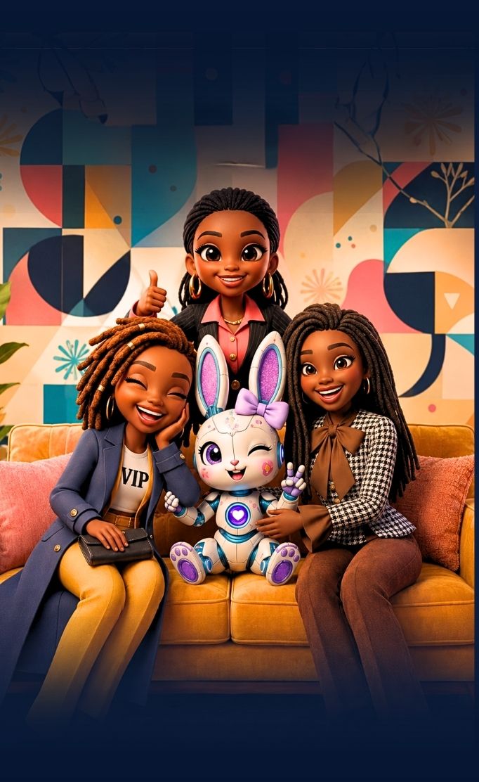 Team EPIC posing on the couch, welcoming poster for EPIC AI Agency formerly Affirmed Visionary. Featuring Eve, Pixi, Indigo and Charlene Grant (Walsall)
