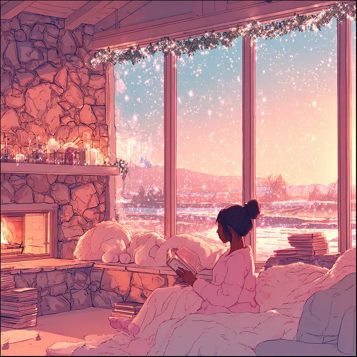 Digital illustration of a black woman reading by a large window overlooking a snowy landscape at sunset with a glowing stone fireplace.