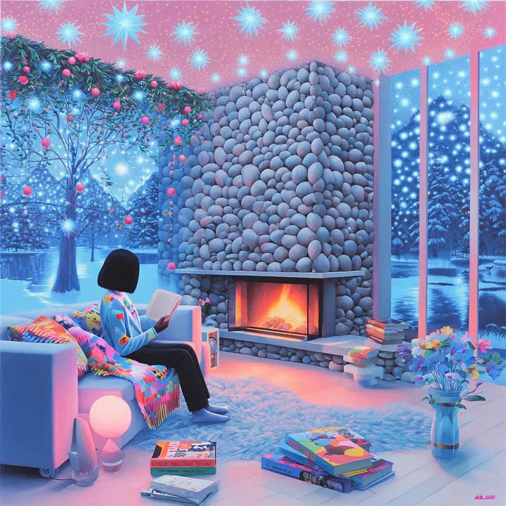 Vibrant blue and pink digital illustration of a modern cabin interior featuring celestial ceiling lights and a stone fireplace & a black woman reading a book 